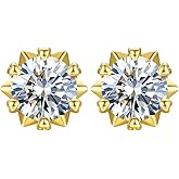 Round Cut Men Women Classic Yellow Gold Plated 925 Sterling Silver Brilliant Iced Cz Halo Solitaire Stud Earrings Screw Back Stud Circle Earrings 8 Millimeters Unisex Small Earring Studs