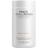 Codeage Multi Collagen+ Supplement with Vitamin C, Biotin 5000 mcg, Hyaluronic Acid, Amla Berry, BioPerine - 5 Types of Collagen Grass-Fed, Pasture-Raised - 2-Month Supply - Non-GMO - 180 Capsules