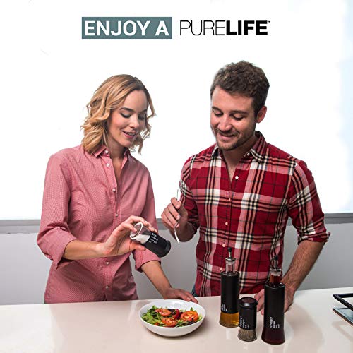 Salt and Pepper Shakers & Vinegar and Olive Oil Dispensers for the Kitchen - Airtight Glass Condiment Jars & Refillable Bottles - 4 Pcs Covered in Protective Black Metal & Stainless Steel Tops