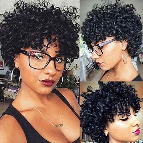 Hairitory Short Human Hair Afro Curly Wigs for black women, 8A Brizilian Funmi Bouncy Curly Wigs with Bangs Non Lace Wig Nature color (6 inch funmi)