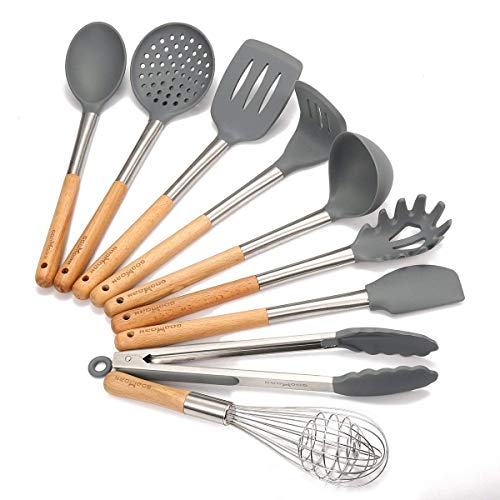 Silicone Kitchen Utensil Set - Godmorn 9 Cooking Utensils Set - Stainless Steel and Wooden Handle Silicone Utensil Set - Silicone Spatula Set Tools for Cooking - Thumbnail 7