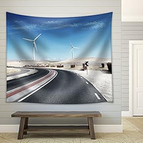 Scenic Winding Road with Wind Turbines - Fabric Wall Tapestry Home Decor - 51x60 inches