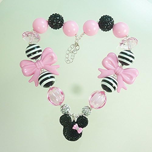 Baby, Toddler Bubblegum Necklace with Add-On Bracelet, Infant's Chunky Beaded Neck wear, Girl's Medium Pink and Black Minnie Mouse Pendant, Fashion Jewelry, 1st Birthday, Cake Smash, Disney Vacation