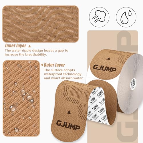 GJUMP Kinesiology Tape, 40 Count Precut Strips 2 Rolls Original Cotton Tape | Elastic Athletic Tape for Muscle Strain Relief & Joint Support, Latex Free Kinetic Tape, Waterproof & Breathable Sports Tape
