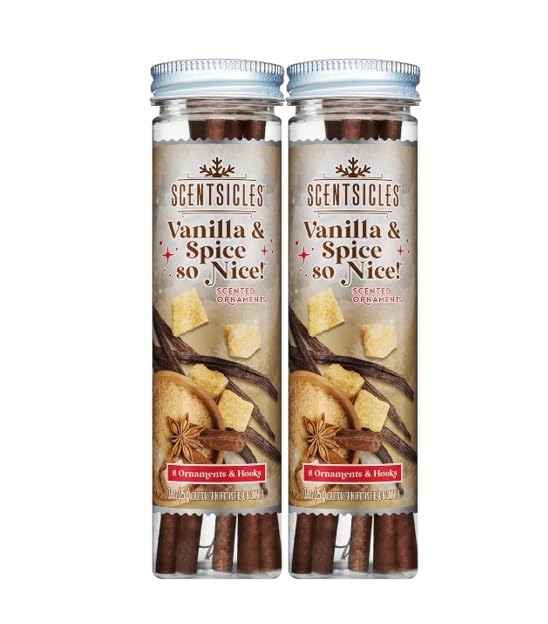 Scentsicles Vanilla & Spice So Nice Scented Sticks with 6 Hooks - 2 Bottles (12 Sticks Total) Christmas Ornaments