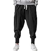 Mens Linen Harem Pants Lightweight Drawstring Elastic Waist Baggy Joggers Casual Cargo Sweatpants Pant