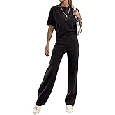 KateModa Women's 2 Piece Outfits Set Crew Neck Short Sleeve Crop Top and Wide Leg Pants Lounge Sets 2024 Summer Tracksuit