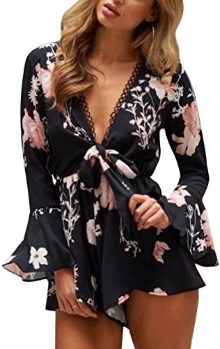 Simplee Women Elegant V Neck Flare Sleeve Playsuit Floral Casual Tie Jumpsuits