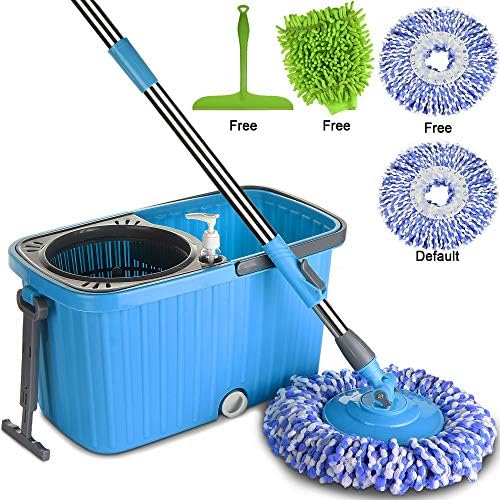 Smile mom Magic Spin Mop with Bucket Set with Easy Wheels for Best 360 Degree Floor Cleaning, 2 Refill Head, Microfiber Glove + Kitchen Wiper (Blue)