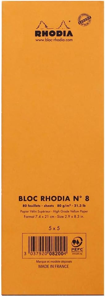 RHODIA 8200C, Stapled Notepad N°8 Shopping Orange, 7.4x21 cm, Small Squares, 80 Detachable Sheets, 80G Clairefontaine Paper - Image 4