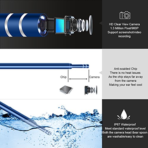 Ear Endoscope, 1.3MP 720P HD Ear Scope USB Otoscope Inspection Ear Camera Borescope Ear Pick Ear Cleaning Ear Wax Removal Tool with 6 LED Lights for Micro USB, USB-C Android Phone, Windows, Mac, PC