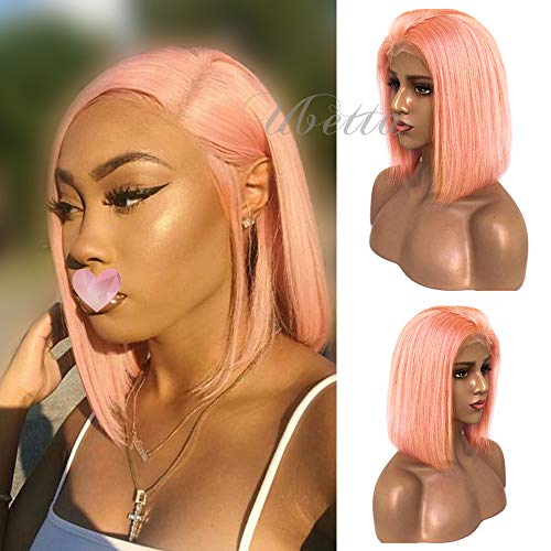 Pink Bob Wig Lace Front Human Hair 8 inch No Bangs Pre Plucked with Baby Hair Glueless 13x4 Lace Wigs Middle Part Colored Short Straight Bob for Black Women 180% Density Full Head Wigs