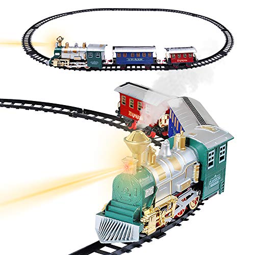 Electronic Classic Train Set for Kids with Headlight, Realistic Sound, Smoke, Toy Train for Kids, 1 Locomotive, 2 Compartments, 10 Railway Tracks, Gift for Boys Girls Age 5+, Christmas Tree Decoration - Thumbnail 6