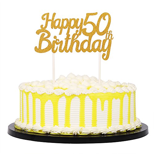 PALASASA Single Sided Glitter Happy Birthday Cake Toppers Decorations Tool Party Supplies (50th Gold) - Thumbnail 2