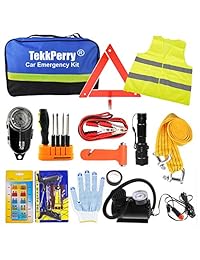 TekkPerry Kit de emergencia para coche, kit de emergencia de asistencia en carretera, juego de 14 piezas de herramientas de seguridad para coche con cables de puente, presión de neumáticos, grifo de remolque para viajes, camping, aventura para su camión,