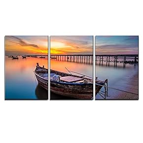 3 Piece Canvas Wall Art - Landscape Sunset on The Sea with a Boat at Bangpra Beach Chonburi,Thailand - Modern Home Art Stretched and Framed Ready to Hang - 16"x24"x3 Panels