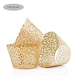 Baloray Pack of 24 Filigree Little Vine Lace Laser Cut Cupcake Wrapper Liner Baking Cup Muffin Case Trays Wedding Birthday Party Decoration (Gold)