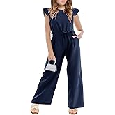 CharmWM Girls Casual Jumpsuit Kids Fashion Cap Sleeve Belted Wide Leg Romper One Piece Outfits with Pockets