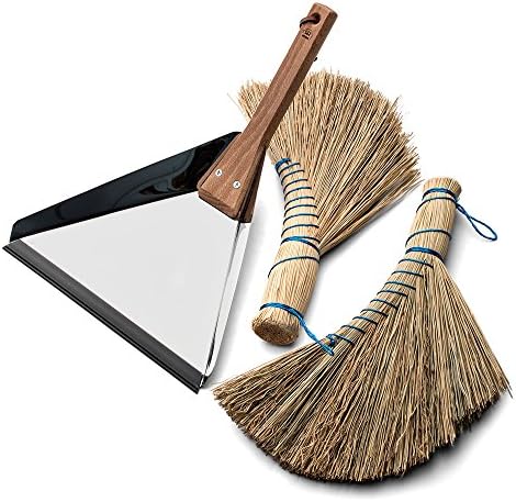 Two Natural Rice-Straw Whisk Brooms and a 7-3/4" Beechwood and Stainless Steel Dust Pan
