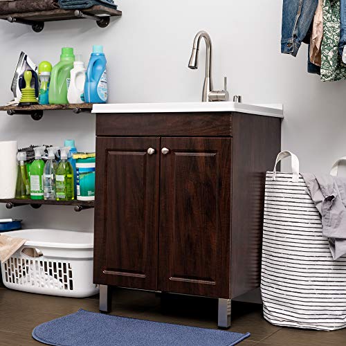 Utility Sink Laundry Tub With Cabinet In Brown, High Arc Stainless Steel Faucet, Storage Vanity With Slow Closing Doors, Large Washtub for Cleaning and Washing, Sinks for Garage, Basement, Work Room