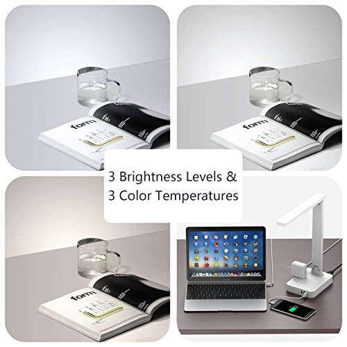 COZOO LED Desk Lamp with 3 USB Charging Port and 2 Outlet Power Strip, 3 Lighting Model with 3 Brightness Level, 1h Timer, Touch Control, Memory Function (White-)