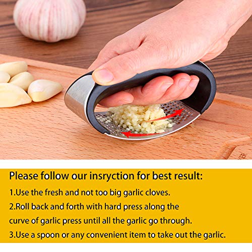 Convallaria Garlic Press + Silicone Garlic Peeler + Cleaning Brush, Stainless Steel Garlic Crusher Chopper Mincer Press Kitchen Gadget Tool with ABS Handle - Kitchen Gadgets Accessories