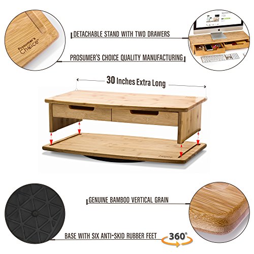 Prosumer's Choice Bamboo Swivel TV/Monitor Stand with Removable Base and Dual Pull-out Drawers – Extra Long 30” - Thumbnail 7