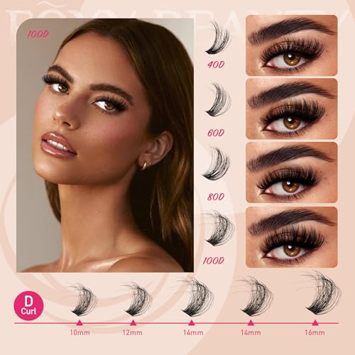 Lash Clusters Fluffy Lashes 40D60D80D100D Lash Clusters Kit D Curl Eyelash Extensions Kit Dramatic Volume 10-16MM Ultra-Thin Band for Beginners