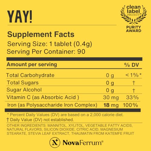 NovaFerrum Yay | Chewable Iron Supplement for Kids & Adults Ages 4 and Over | 18mg of Iron | 90 Servings | Sugar Free | Vegan | Gluten Free | Orange Flavor