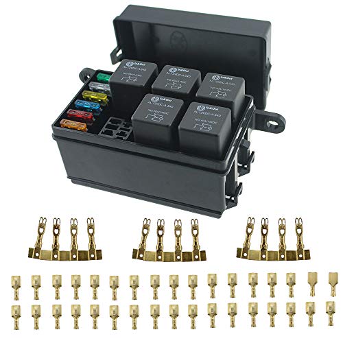 12-Slot Fuse Relay Box,6 Relays,6 ATC/ATO Fuses Holder Block with 41pcs Metallic Pins for Automotive and Marine Engine Bay