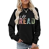 CUZIUAE Let's Read Sweatshirt Women Reading Book Sweatshirts Funny Graphic Shirts Library Book Pullover Long Sleeve Tops