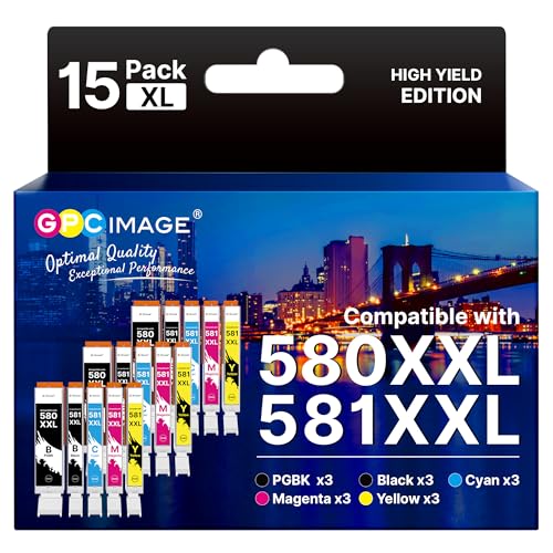 GPC Image CLI-581 PGI-580 XXL Compatible Ink Cartridges Replacement for Canon 581 580 XXL for TS8150 TS6150 TS8250 TS6151 TR8550 TR7550 TS8151 TS9150 (PGBK/Black/Cyan/Magenta/Yellow, 15-Pack)