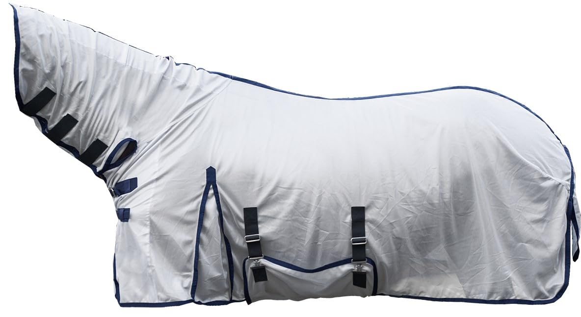 HKM 7076 Lyon Fly Blanket with Fixed Neck Piece, Fly Protection Blanket, Horse Blanket, Silver, 125 cm