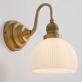 Teqinchy Gold Wall Sconces,Hardwire Bathroom Vanity Light with Striped Bowl Milk Glass Vintage Brass Wall Mounted lamp Lights
