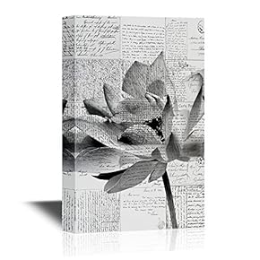 Black and White Lotus Flower on Vintage Letters Background