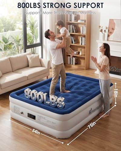 Double Size Airbed, Inflatable Mattress, Air bed with Built-in Pump, 190 x 137 x 46cm, Blow Up Mattress with Flocked Surface, 3 Mins Fast Self Inflating Guest AirBed for Home, Camping and Travel