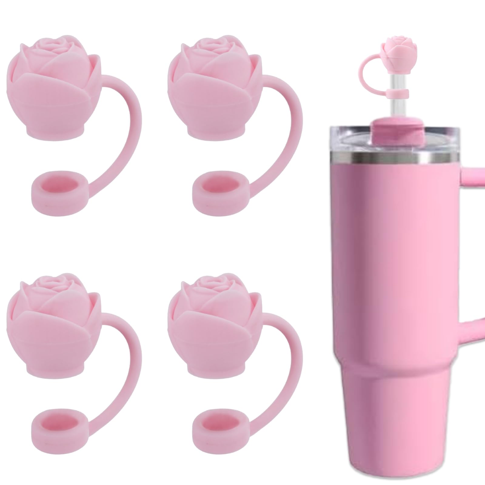 Amreich Valentines Day Straw Covers - Pink Rose Straw Toppers Romantic Stanley Cup Accessories for Girls Girlfriend