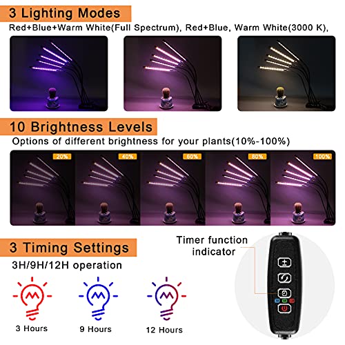 Aogled Lampe LED Horticole 50W,5 Têtes Lampe Pour Plante avec Clip 150LEDs avec 360° Adjustable,3/9/12H Cycle Minuterie,3 Modes&10 Luminosité,Grow Light Pour la Croissance des Plantes