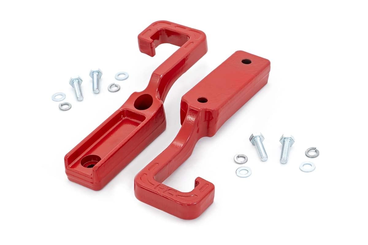 Photo 1 of Rough Country Forged Red Tow Hooks for Jeep Grand Cherokee (2015-2022) - Heavy-Duty Front Recovery Points, Bolt-On Installation, Powder-Coated Steel (Pair)