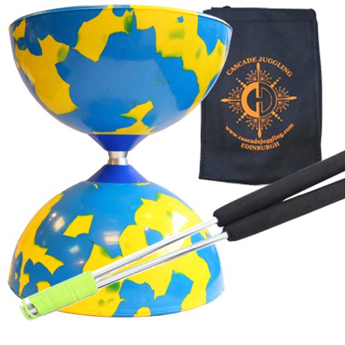 Blue & Yellow Jester Diabolo with Aluminium 'Metal' Sticks and Carry Bag - Rubber Diablo Set