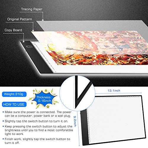 A4 Light Pad,Norbase Ultra-Thin Portable Tracing LED Copy Board Table,Adjustable USB Power Light Box Tracer for Drawing,Sketching,Animation,Stenciling,Calligraphy with 12 Color Pencils