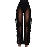 Willow Dance Women's Perspective Sheer Mesh Ruffle Pants Swimsuit Bikini Bottom Cover up Pants