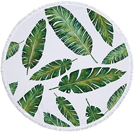 GOPPUI Round Beach Towels with Tassels Fringe Yoga Mat Summer Bath Towel Portable Picnic Throw Blanket, Microfiber Sunscreen Shawl Picnic, Tropical Plant Green PlantTable Cover