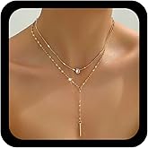 Jugielu Boho Layered Bar Pendant Necklaces Cz Teardrop Necklaces Gold Crystal Choker Necklaces Long Bar Drop Necklace Rhinestone Waterdrop Jewelry for Women