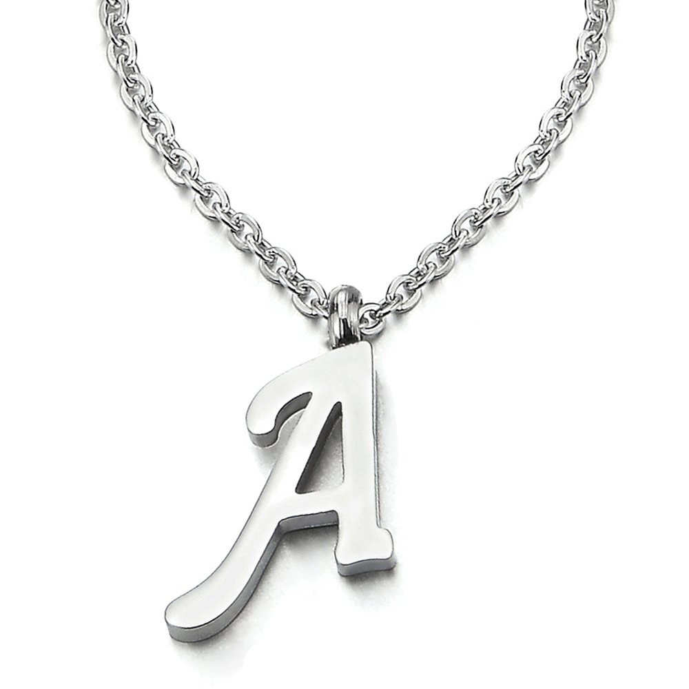 COOLSTEELANDBEYOND Womens Mens Steel Name Initial Alphabet Letter A Pendant Necklace with 20 inches Chain