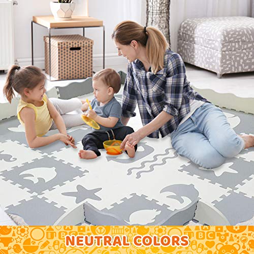 Baby Play Mat with Edges - Extra Large (6ftx6ft) Extra Thick (0.56") Interlocking Foam Tiles with Sea Creatures Patterns | Crawling Mat for Infants | Puzzle Mat for Kids (Grey and White)