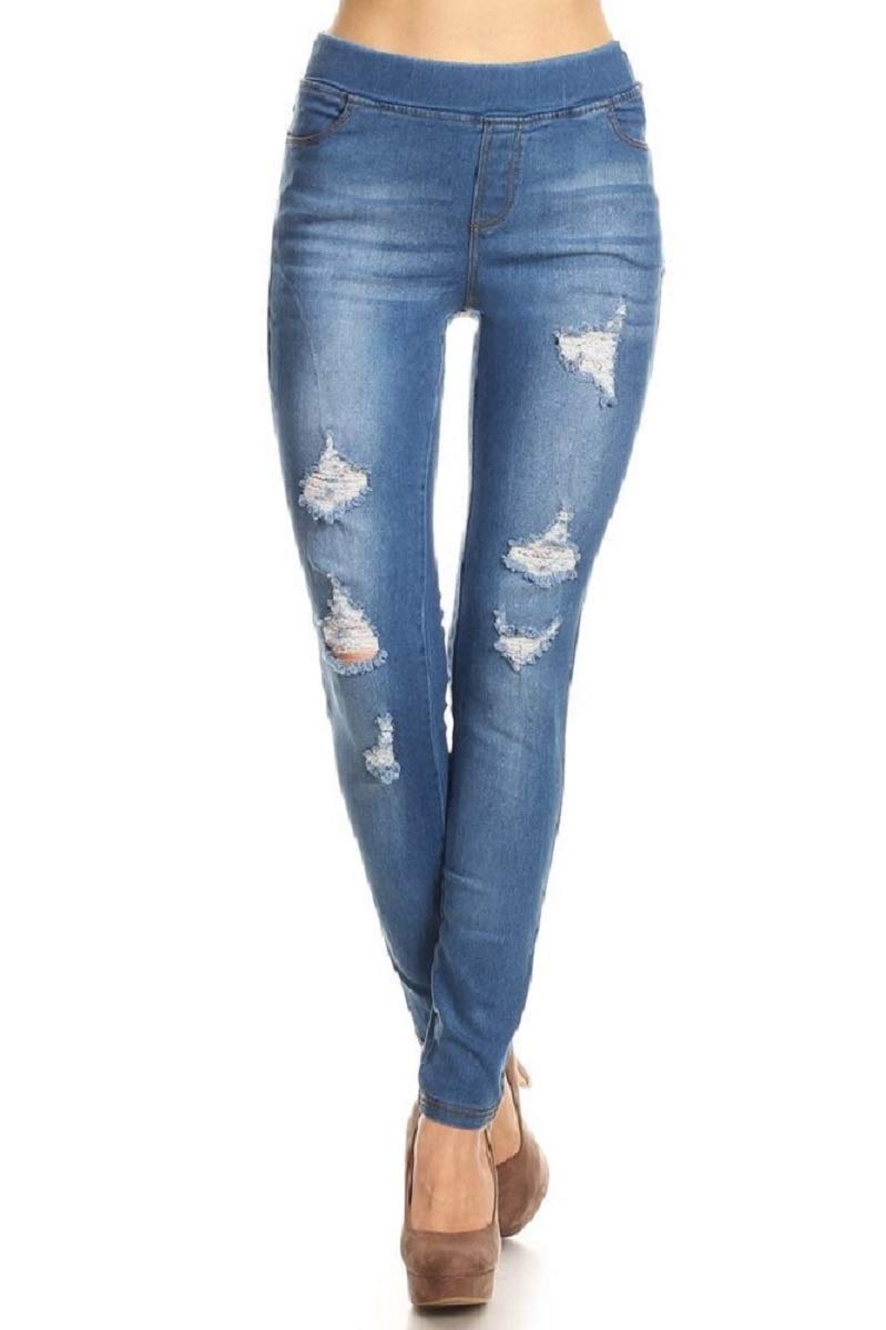 JviniWomen's Stretch Pull-On Jeans Skinny Ripped Distressed Denim Jeggings Regular-Plus Size