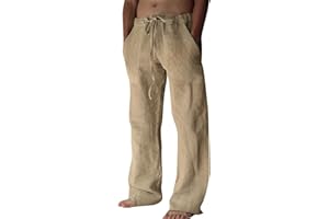 Puimentiua Cotton Linen Pants Men Casual Loose Fit Elastic Drawstring Waist Summer Beach Pants