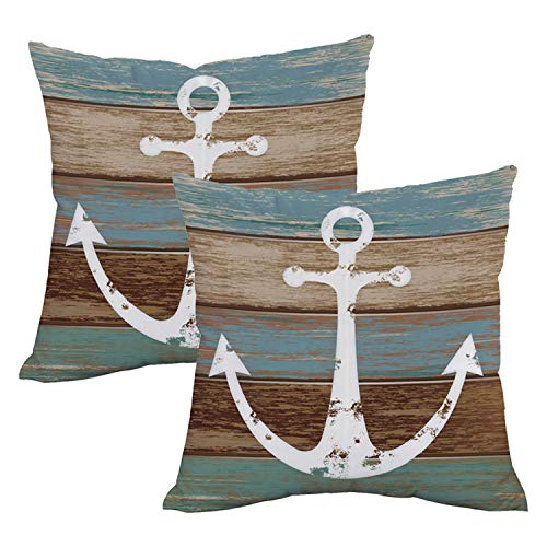 BLEUM CADE Nautical Anchor Rustic Wood Throw Pillow Cover Anchor Throw Pillow Case Set of 2 Decorative Pillow Case for Sofa Couch Bed Office Car