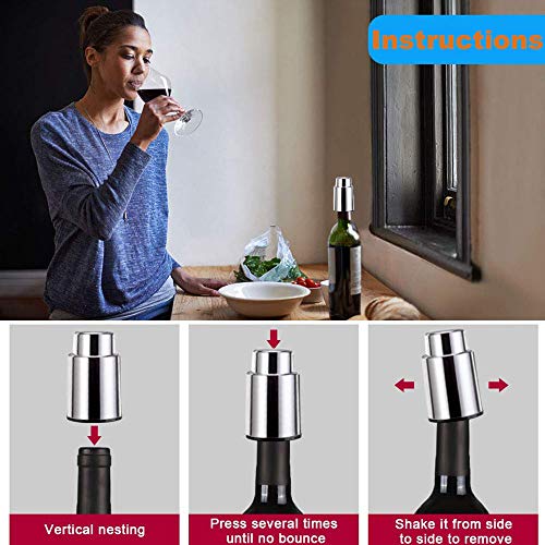 Vacuum Wine Stoppers, Stainless Steel Wine Saver w/Corkscrew, Reusable Wine Bottle Preserver, Durable Wine Bottle Stoppers Sealer Great for Wine Lovers Drinkers (Silver, 2PCS)